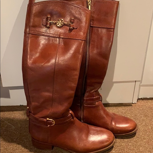 TORY BURCH COGNAC LEATHER RIDING BOOTS - Picture 1 of 3